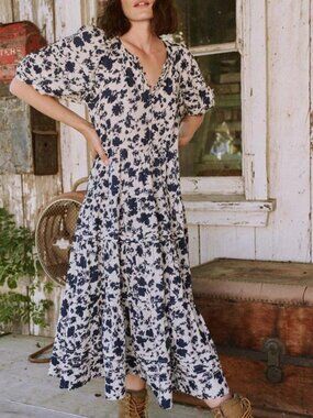 The Great Pleated Ravine Dress Size 0 Blue White Floral Puff Sleeve
